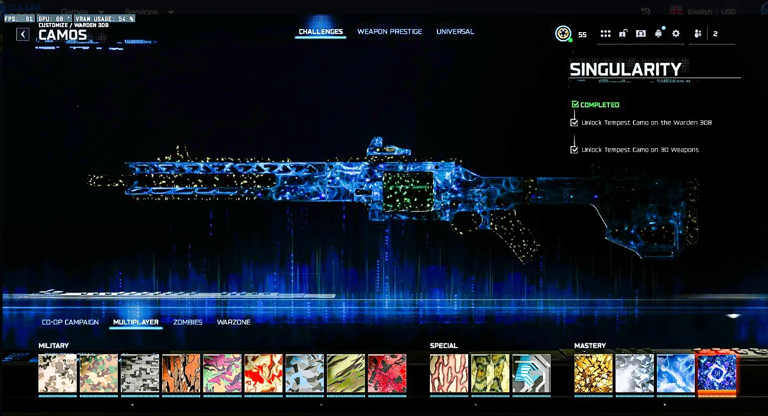 ๐ BO7 ๐ ๐ Singularity MP All Guns | ๐ช 450 Camos | ๐ฆ Handmade Legit | โ๏ธ LVL 55 | ๐ก๏ธ All Guns Unlocked | ๐ฟ๏ธ 10 Operators | ๐ฎ Steam/Battle.net/PSN/Xbox | ๐ Support